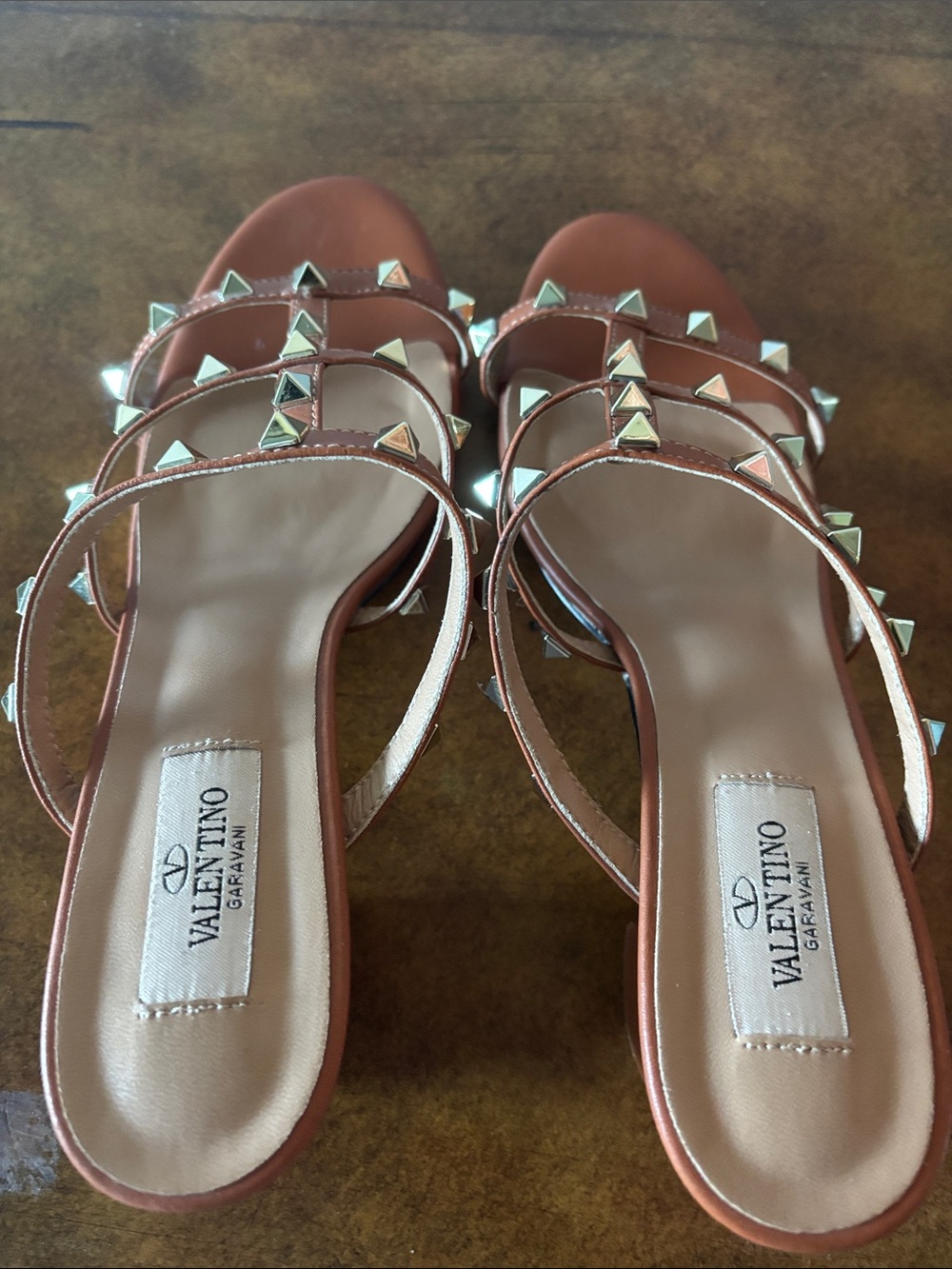 Valentino Garavani Brown Leather Pyramid-Stud Slide Sandals